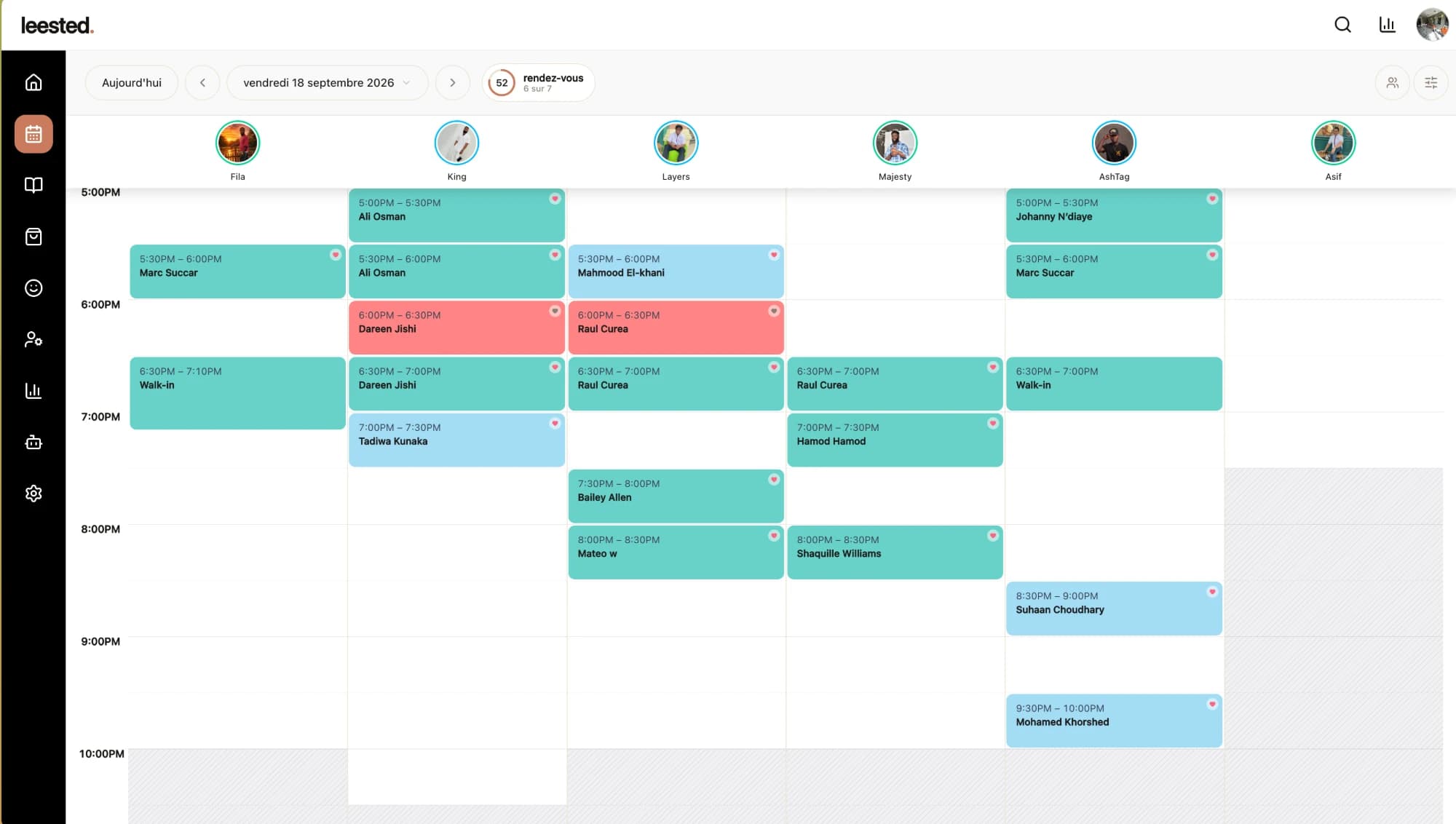 L'agenda Leested : les rendez-vous de la journée, une colonne par collaborateur