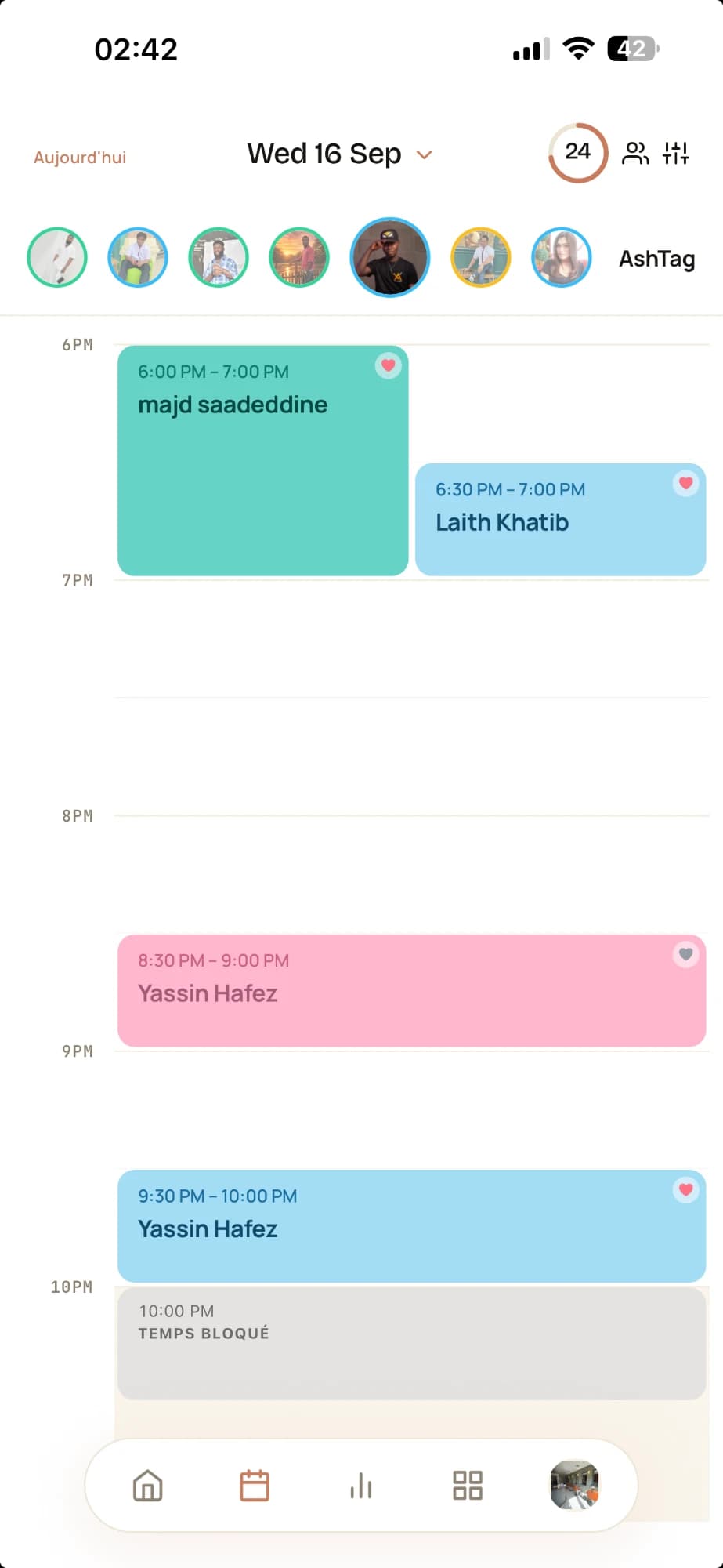 L'agenda Leested : les rendez-vous de la journée, une colonne par collaborateur